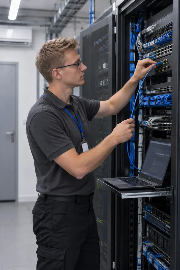 Technik zapojuje síťový kabel do datového rozvaděče